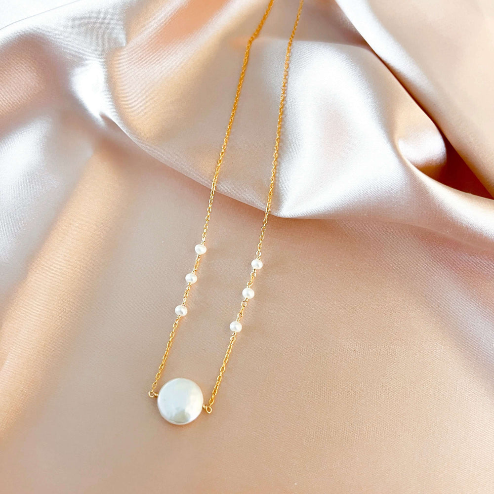 Lustrous Round Freshwater Coin Pearl Necklace in 14k Gold-Plated Chain