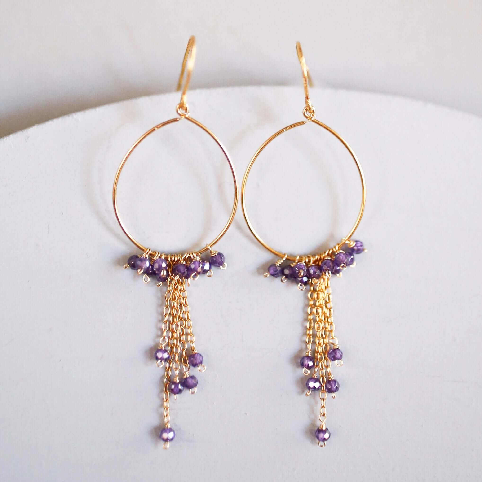 Gold Hoop Earrings with Delicate Chains and Amethyst Stones