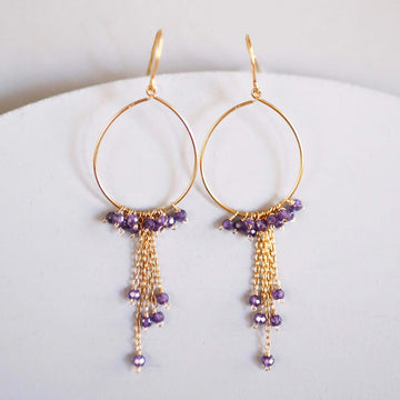 Handmade Amethyst Swing Hoop Earrings with 14k Gold Plating