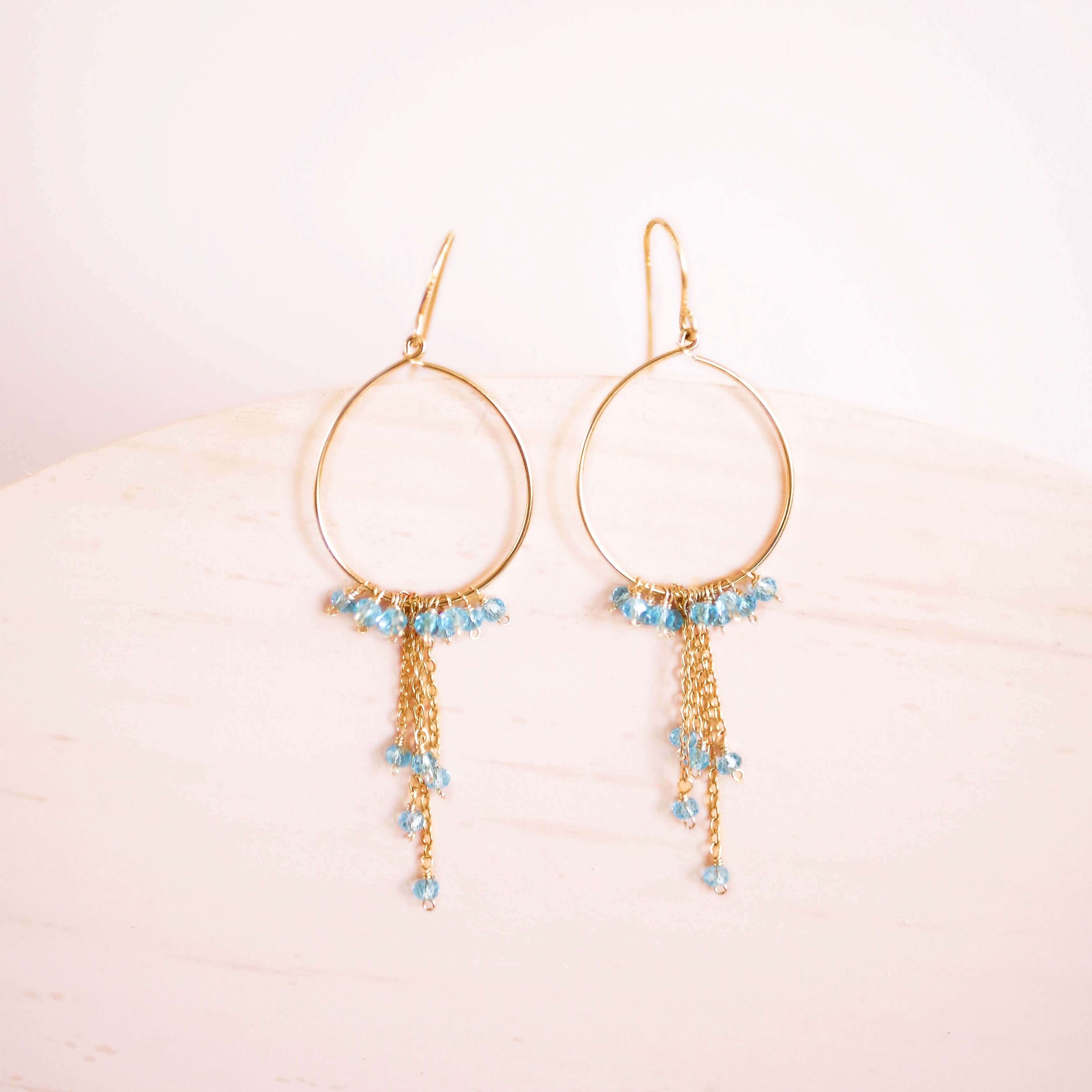 Gold Hoop Earrings with Delicate Chains and Aquamarine Stones