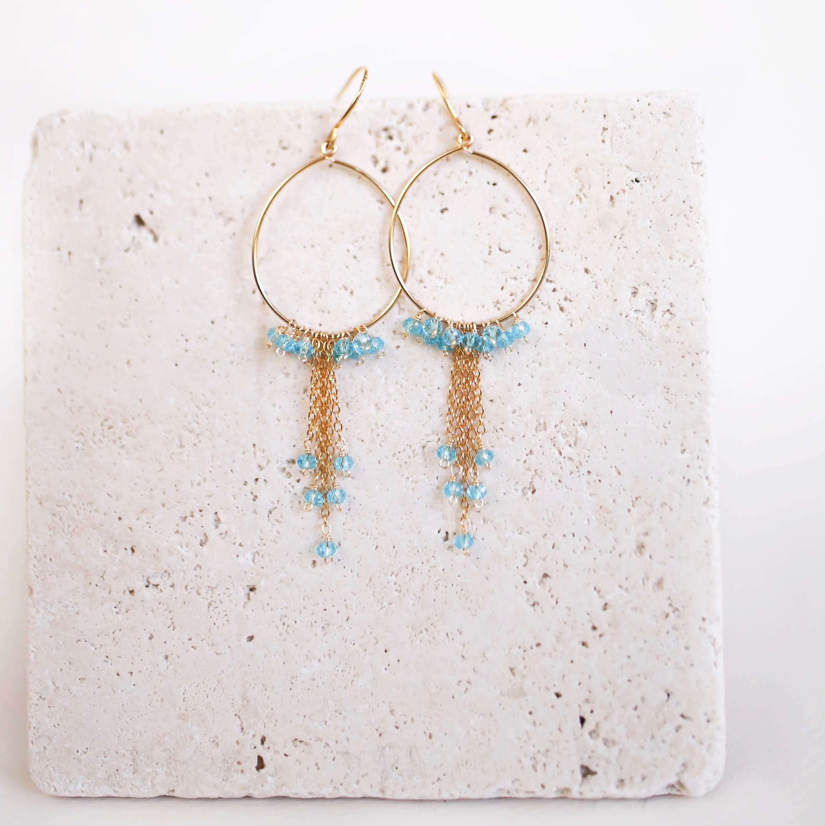 Gold Hoop Earrings with Delicate Chains and Aquamarine Stones