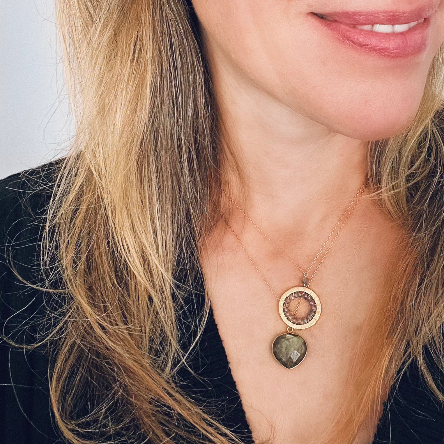 Labradorite Pendant and Mini Gold Circle Necklace Set