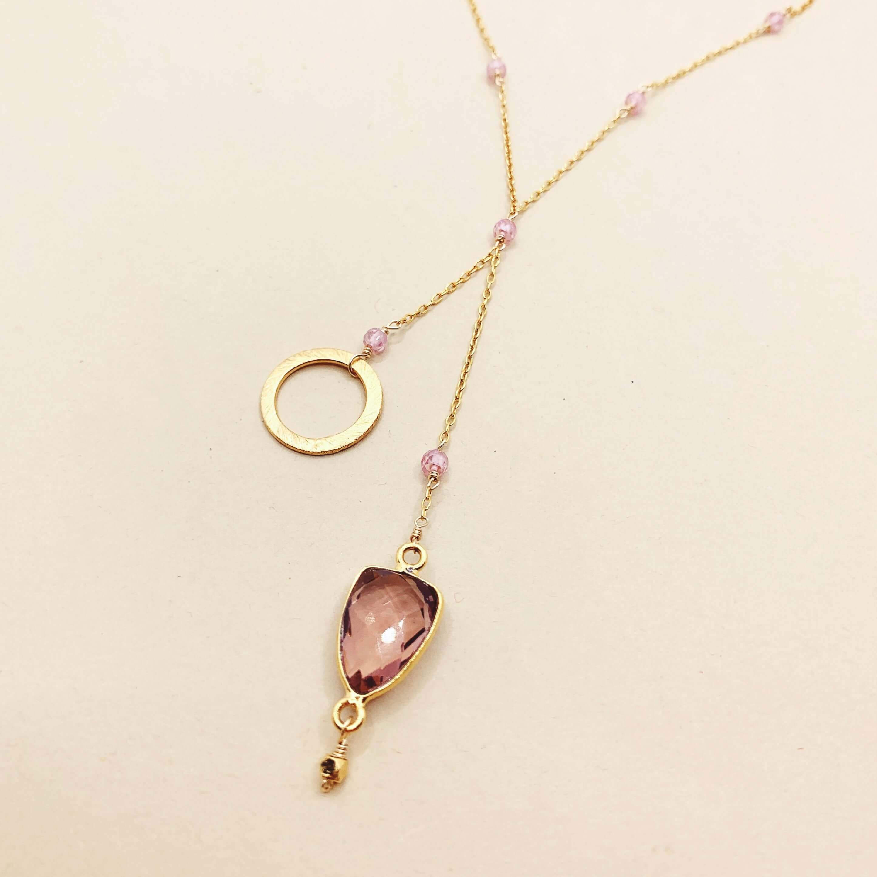 Ballet necklace with a beautiful circle accent and geometric Rhodolite Garnet  gemstones