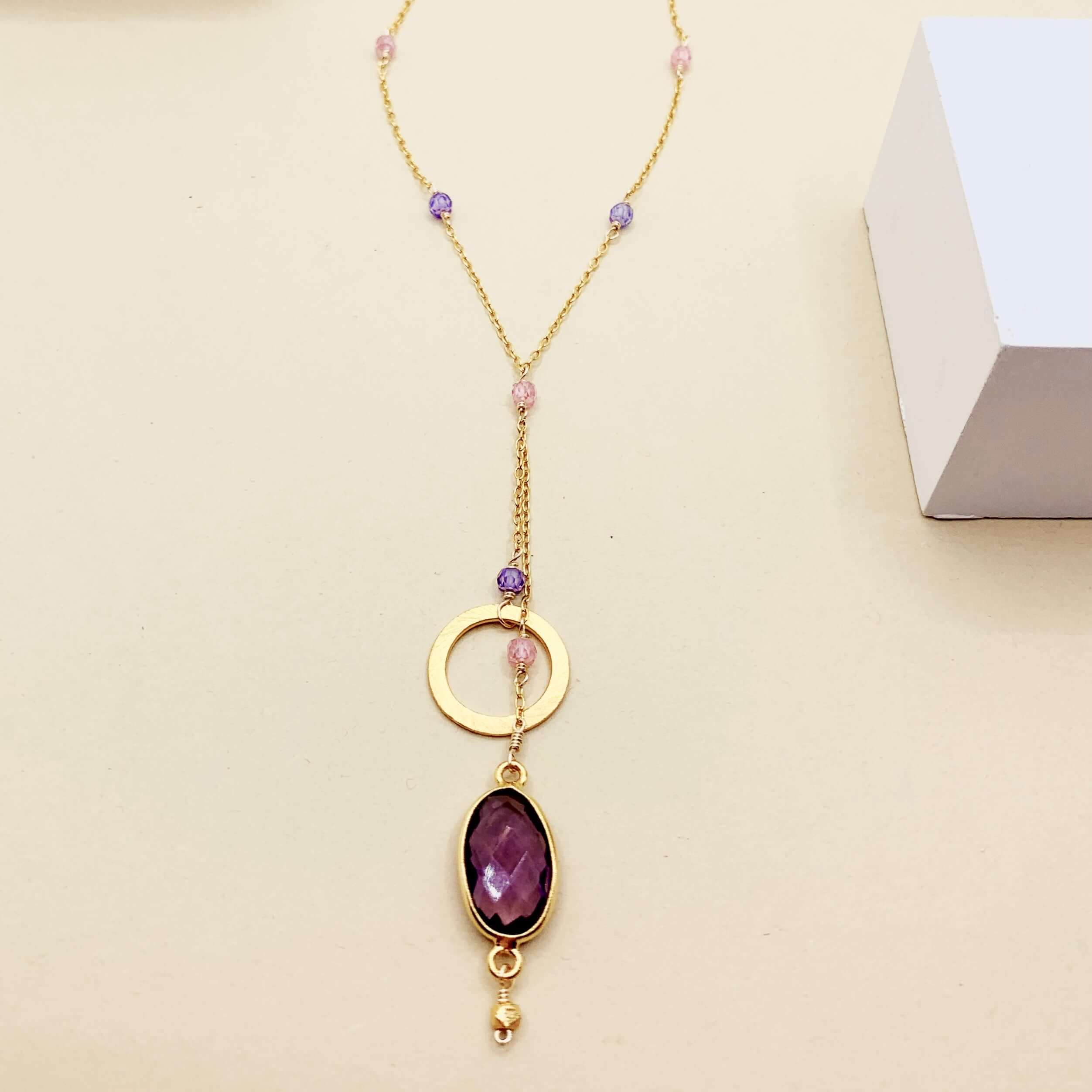 Chic amethyst ballet necklace: geometric gemstones, 14k gold plated, adjustable chain, handmade.