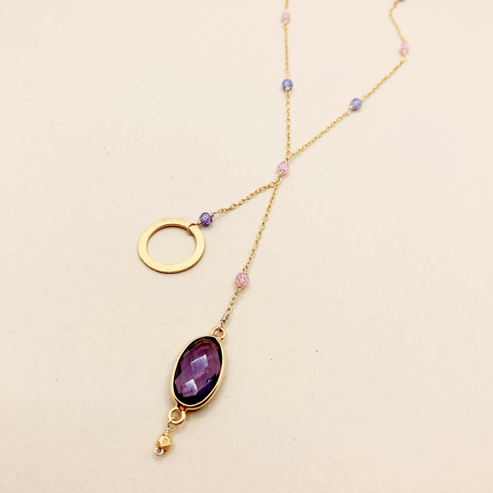 Chic amethyst ballet necklace: geometric gemstones, 14k gold plated, adjustable chain, handmade.