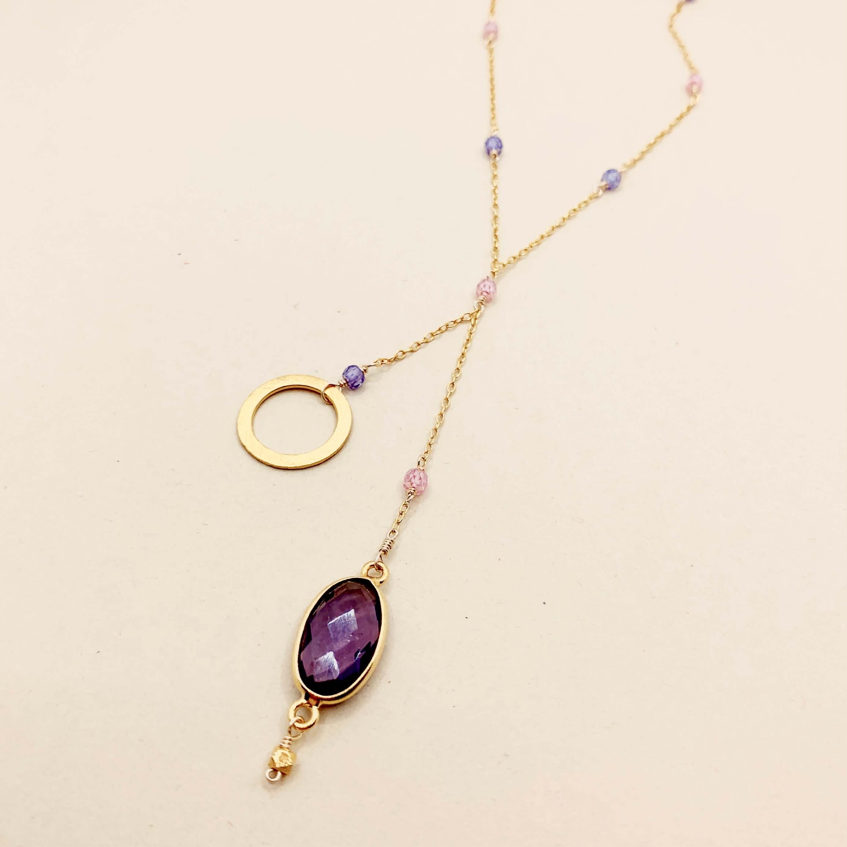 Chic amethyst ballet necklace: geometric gemstones, 14k gold plated, adjustable chain, handmade.