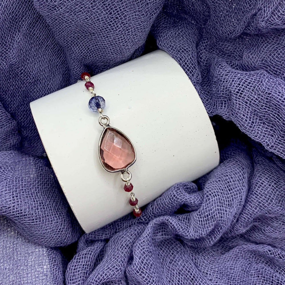 Adjustable Slider Bracelet  Authentic Pink tourmaline quartz bezel-set heart gemstone with rose quartz and opal quartz accent stones