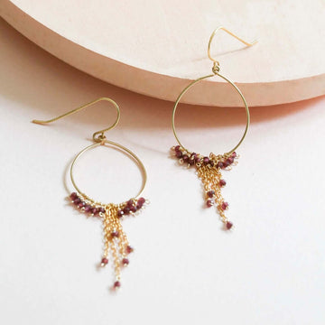 Gold Hoop Earrings with Delicate Chains and Garnet Stones