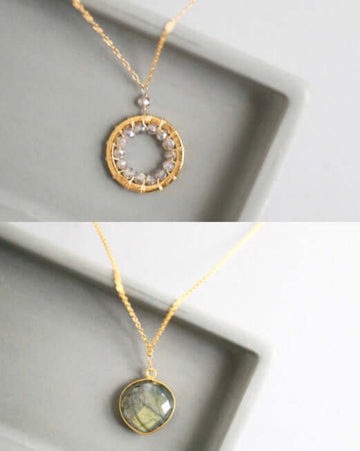 Labradorite Pendant and Mini Gold Circle Necklace Set