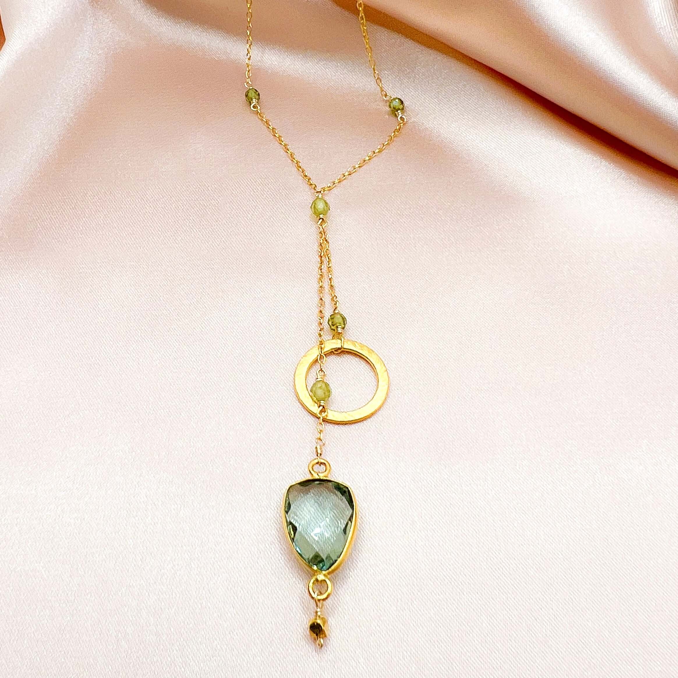 Graceful Green Amethyst Circle Necklace – 14k Gold Plated.