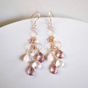 Waterfall Chandelier Earrings with Rose quartz and pink tourmaline gemstones