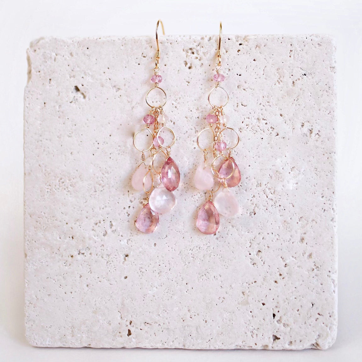 Waterfall Chandelier Earrings with Rose quartz and pink tourmaline gemstones