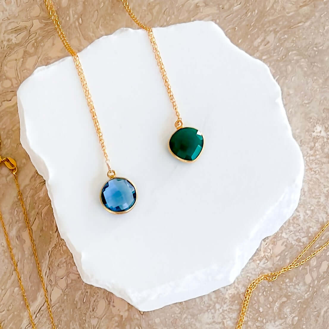 Elegant Gold Layering Pendants with Stunning Stones of London Blue Quartz and Green Onyx