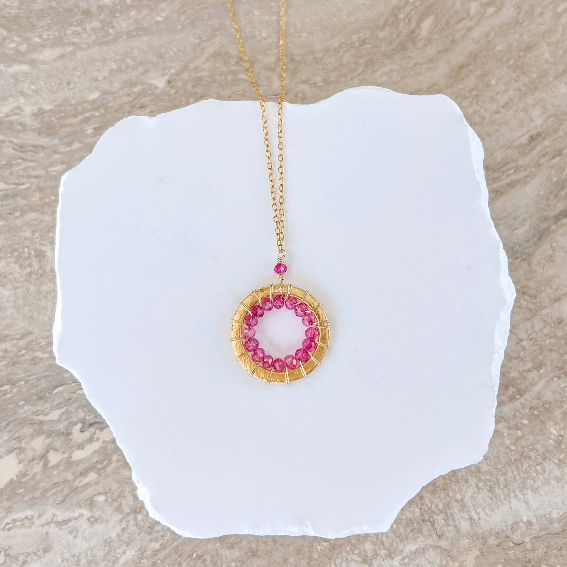 Elegant Mini Modern Circle Authentic Pink Tourmaline  Gold Necklace