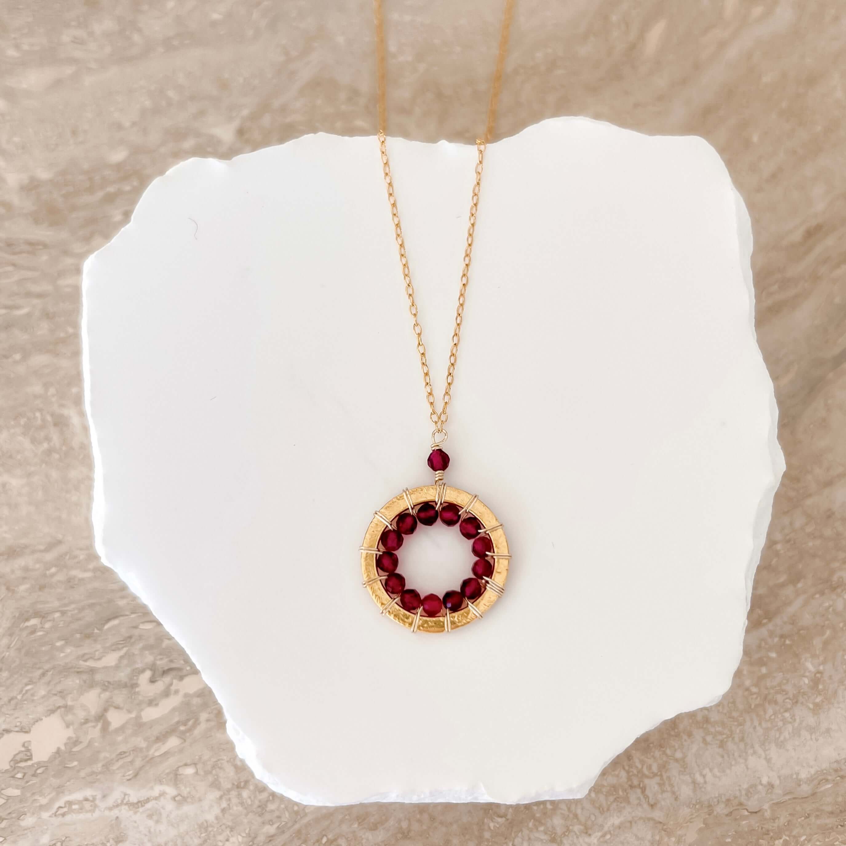 Elegant Mini Modern Circle Authentic  Ruby Quartz  Gold Necklace