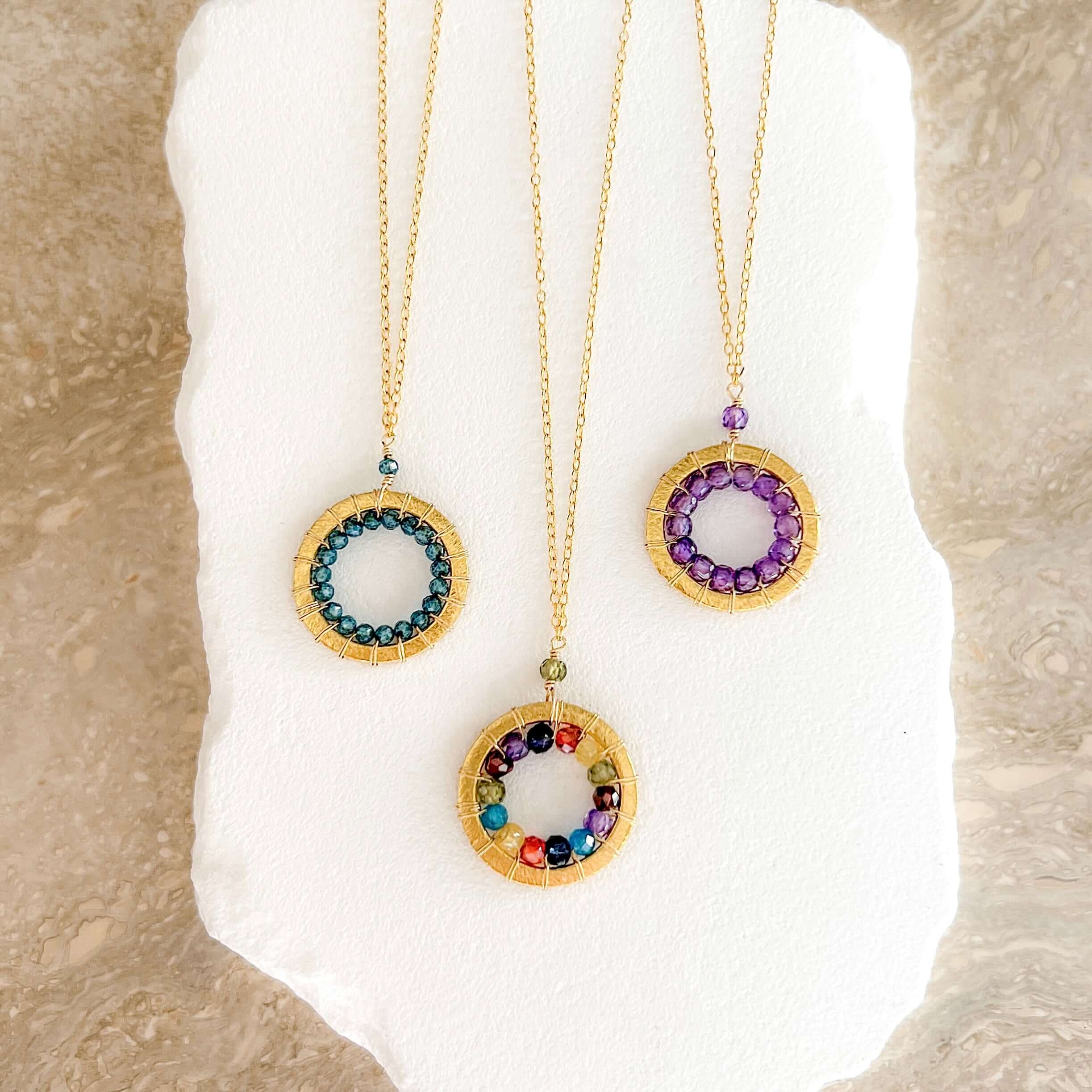 Gold Handmade Necklaces  with London Blue Quartz, a Rainbow of Gems, or Beautiful Purple Amethyst Stones