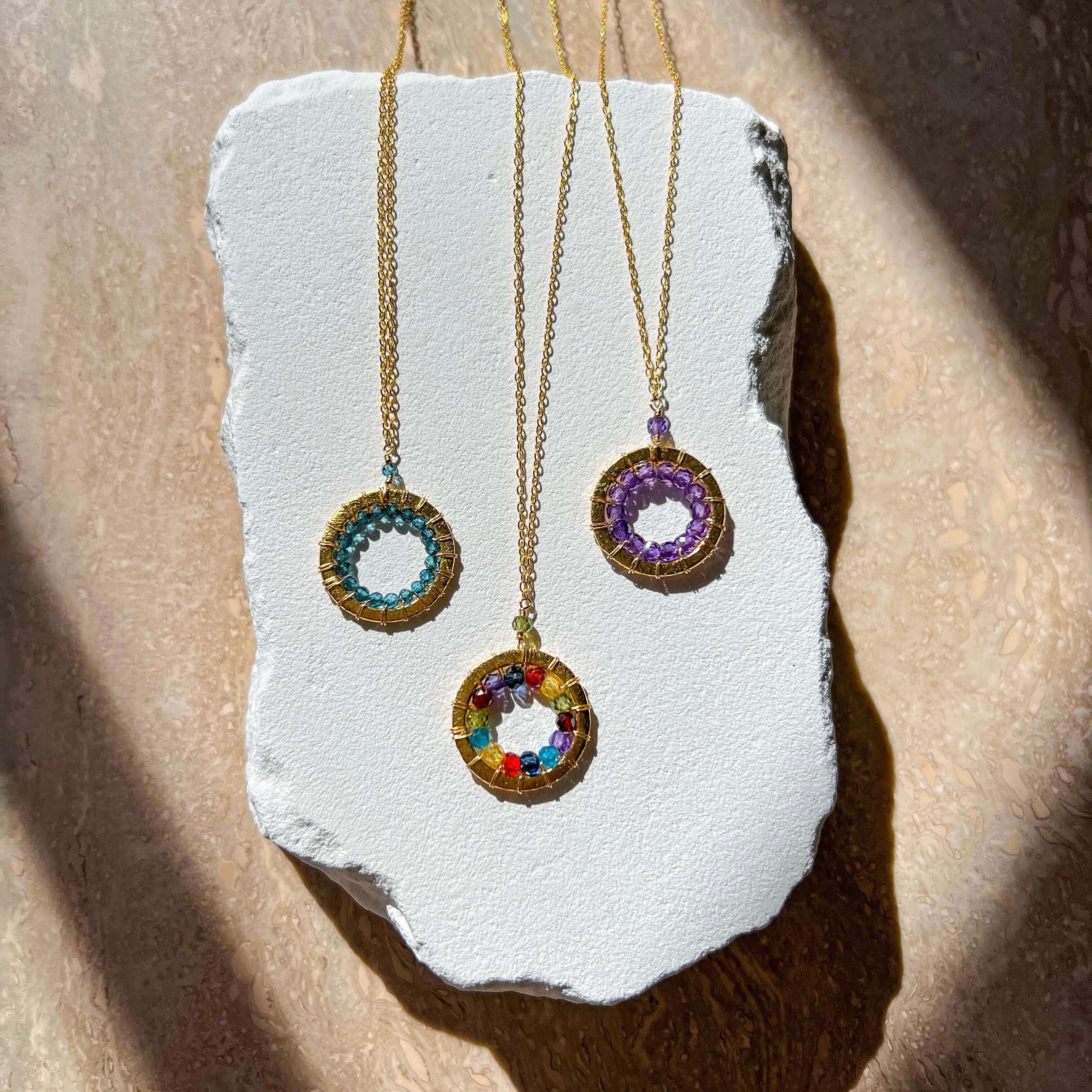 Elegant Modern Circle Colorful Gemstones Gold Necklace