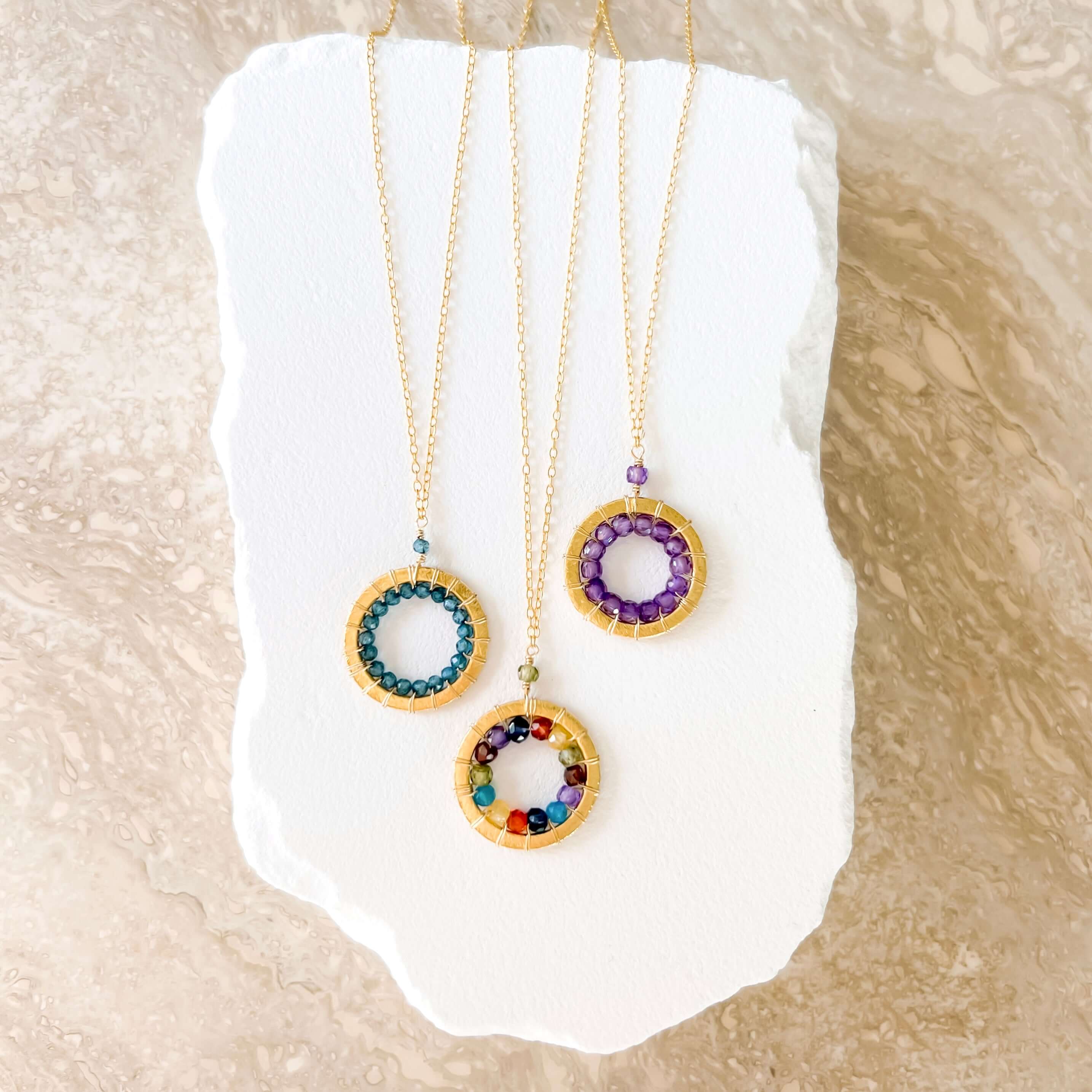 Elegant Modern Circle Colorful Gemstones Gold Necklace