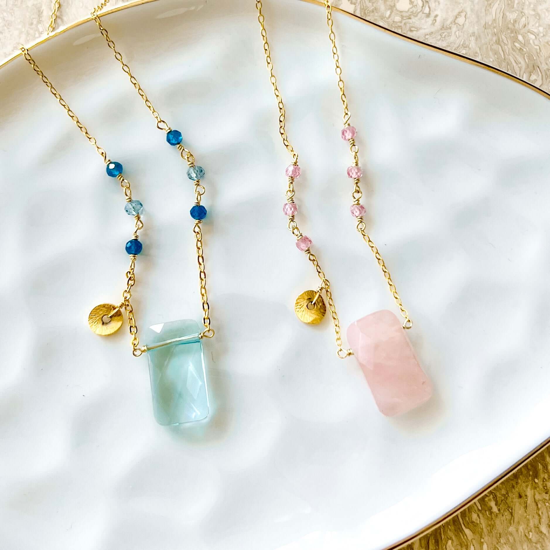 Rose Quartz and Aquamarine Quartz Stone Shaped Gold Necklaces 