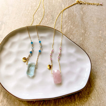 Rose Quartz and Aquamarine Quartz Stone Shaped Gold Necklaces 