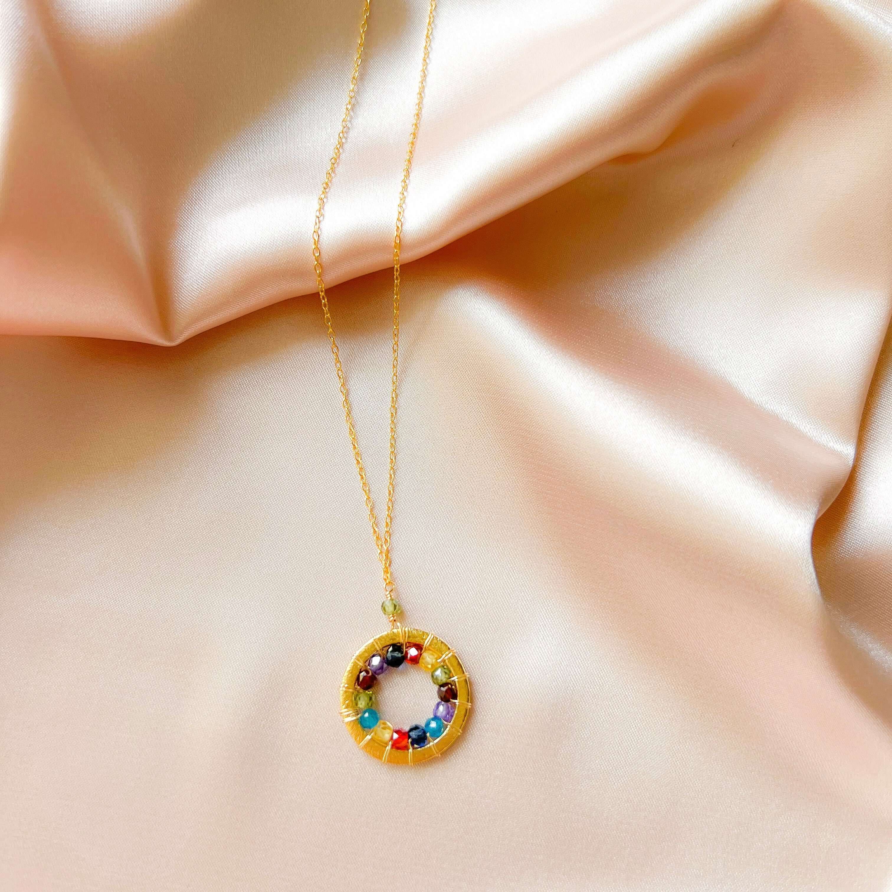 Elegant Modern Circle Rainbow Gemstones Gold Necklace