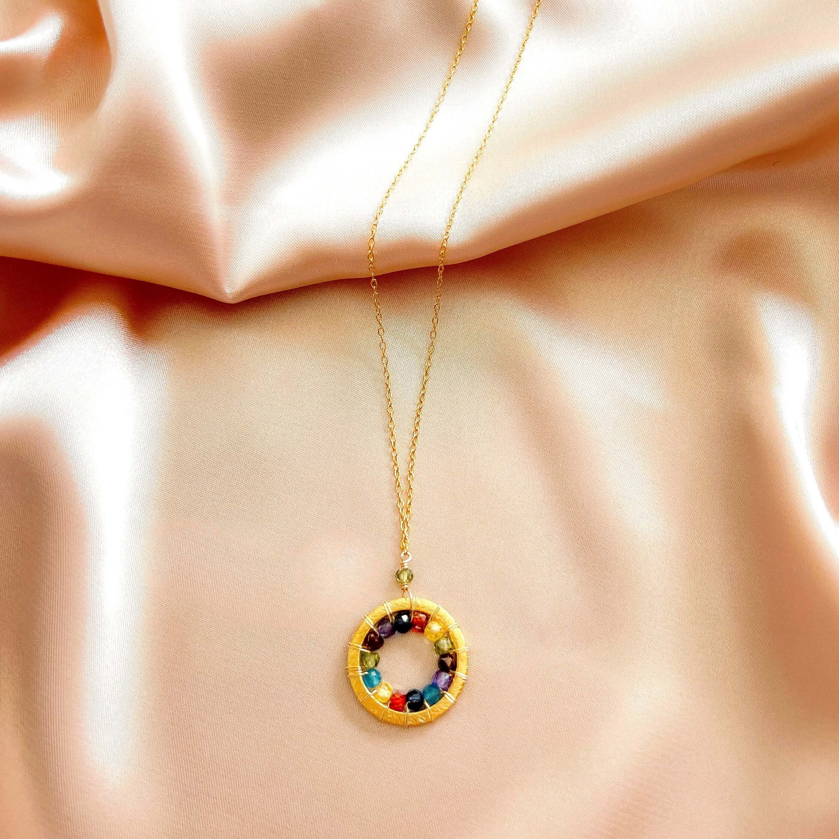 Elegant Modern Circle Rainbow Gemstones Gold Necklace