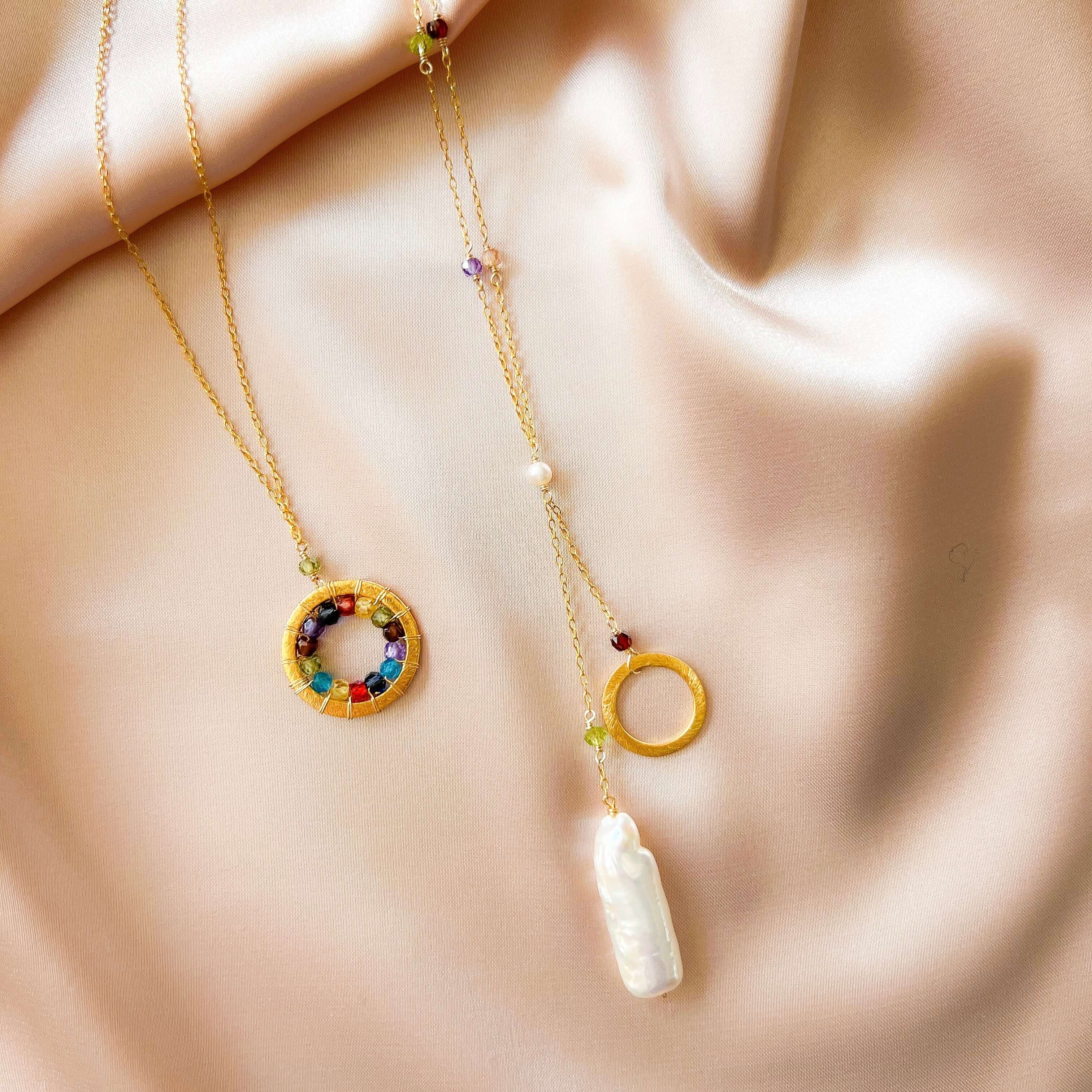 Elegant Modern Circle Rainbow Gemstones Gold Necklace