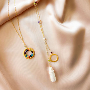 Elegant Modern Circle Rainbow Gemstones Gold Necklace