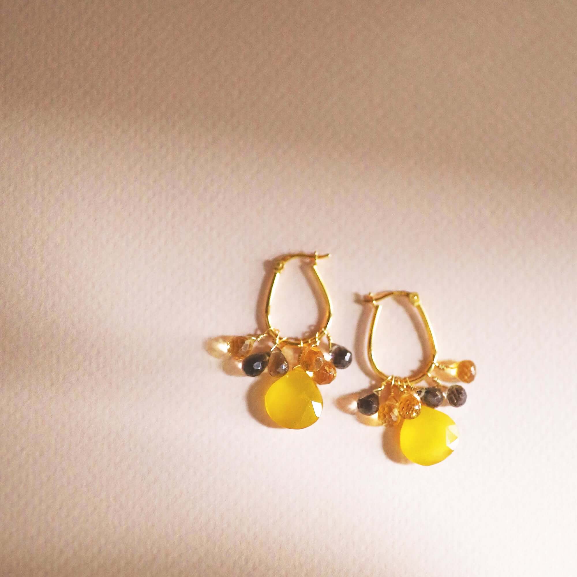 Yellow chalcedony  Gemstone with mini stones  Accents   Gold Drop Earrings