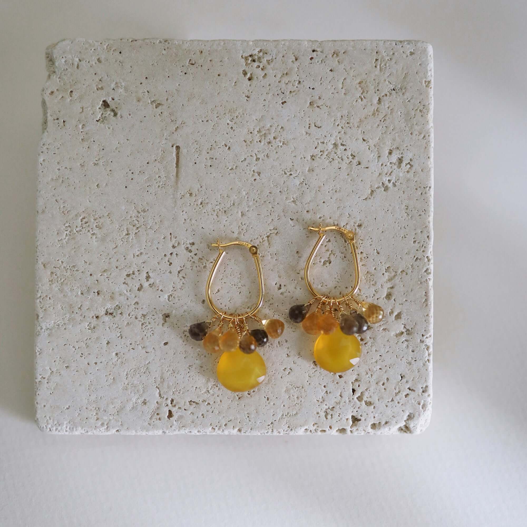 Yellow chalcedony  Gemstone with mini stones  Accents   Gold Drop Earrings