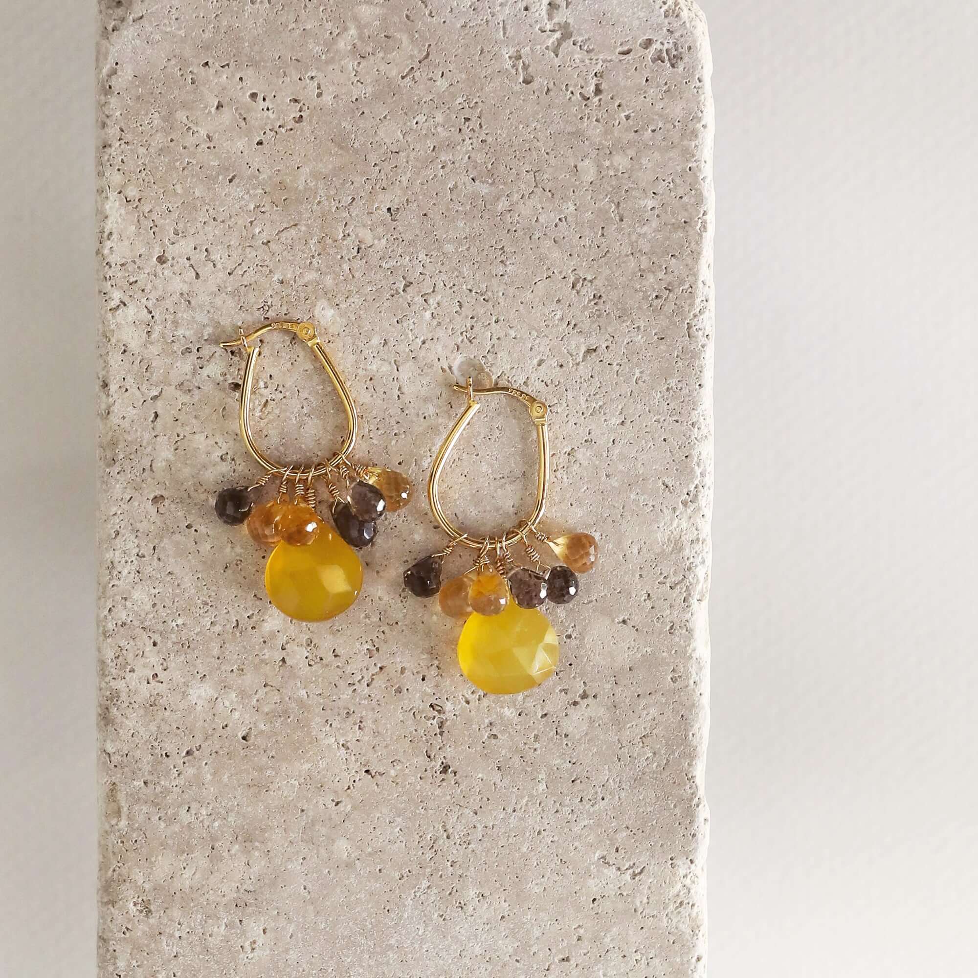 Yellow chalcedony  Gemstone with mini stones  Accents   Gold Drop Earrings