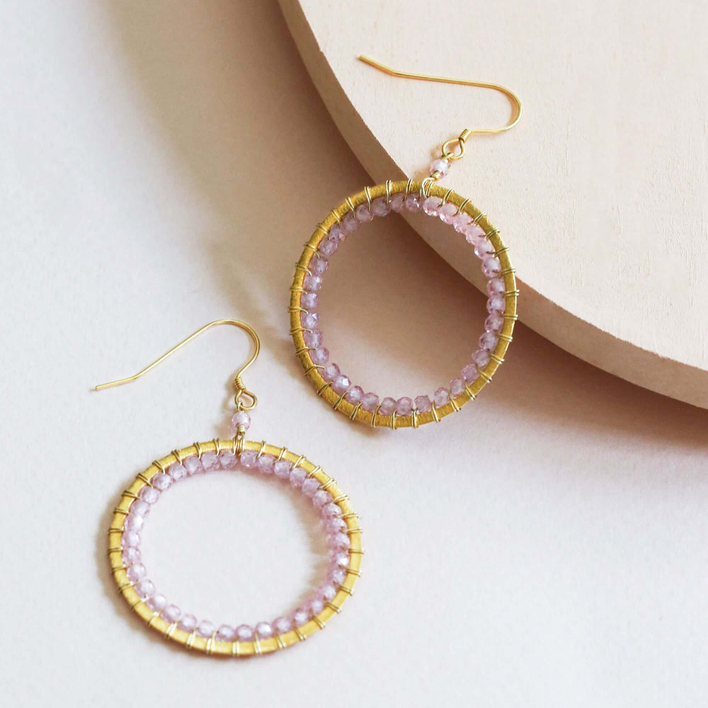 Elegant Modern Circle Rose Quartz Earrings 