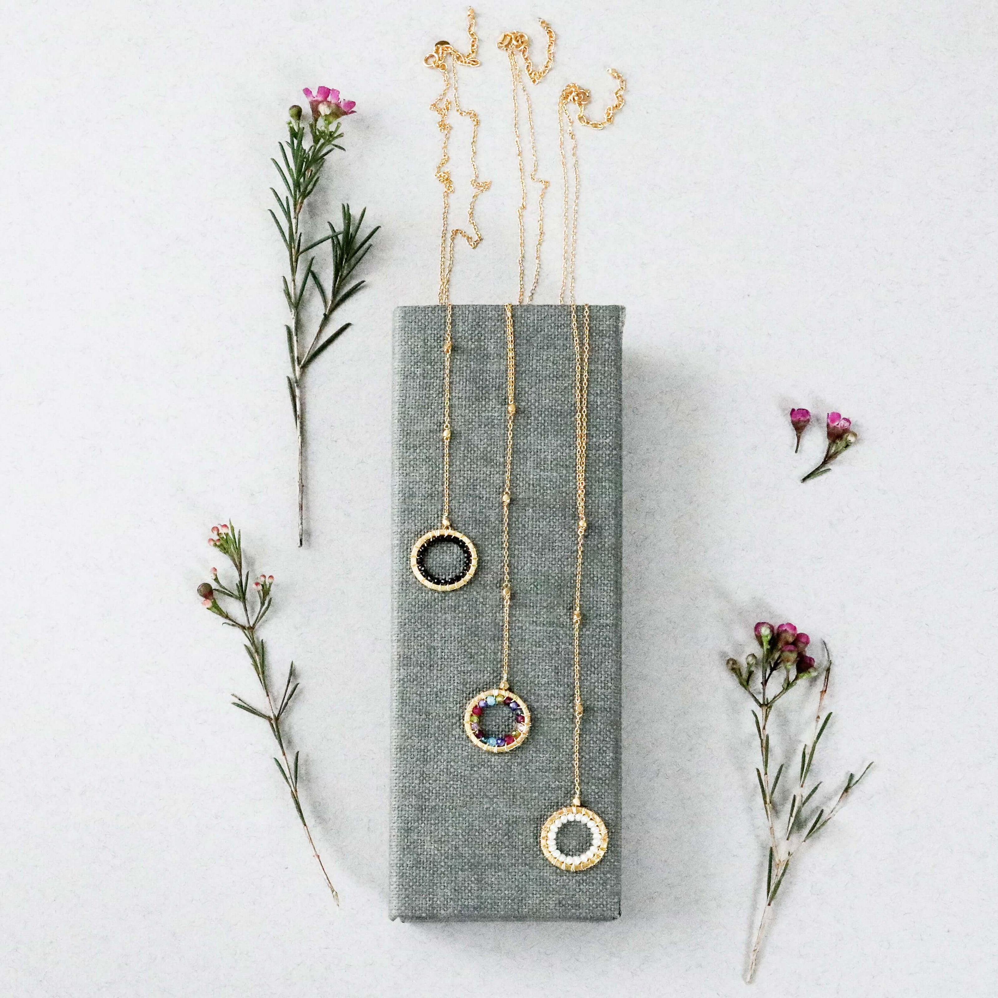 Black Spinel, Rainbow Gemstone, or Pearls  Mini Circle Gold Pendants