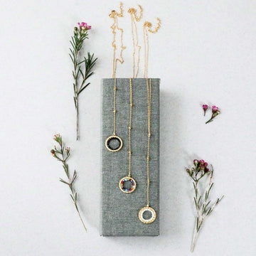 Black Spinel, Rainbow Gemstone, or Pearls  Mini Circle Gold Pendants