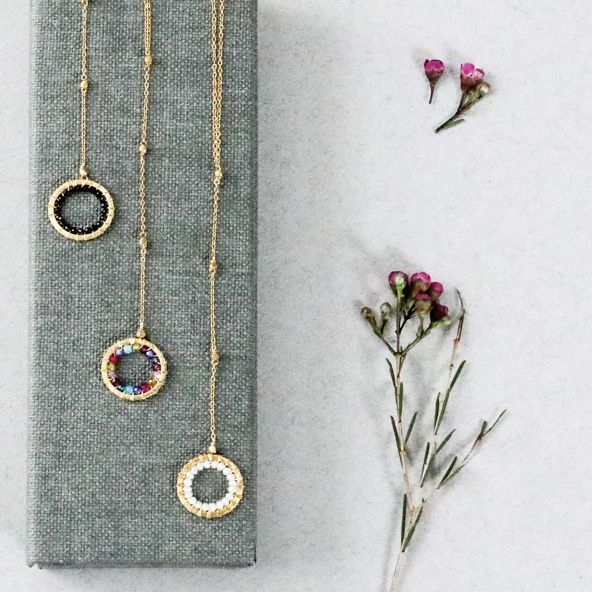 Elegant Modern Circle Rainbow, Black Spinel and Pearl  Gemstones Gold Necklace