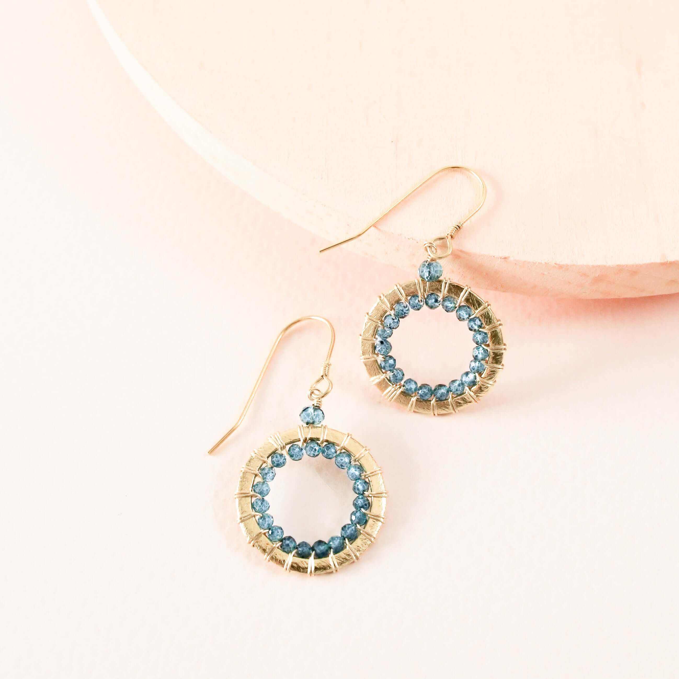 Gold Mini Mason Circle Earrings with London Blue Quartz