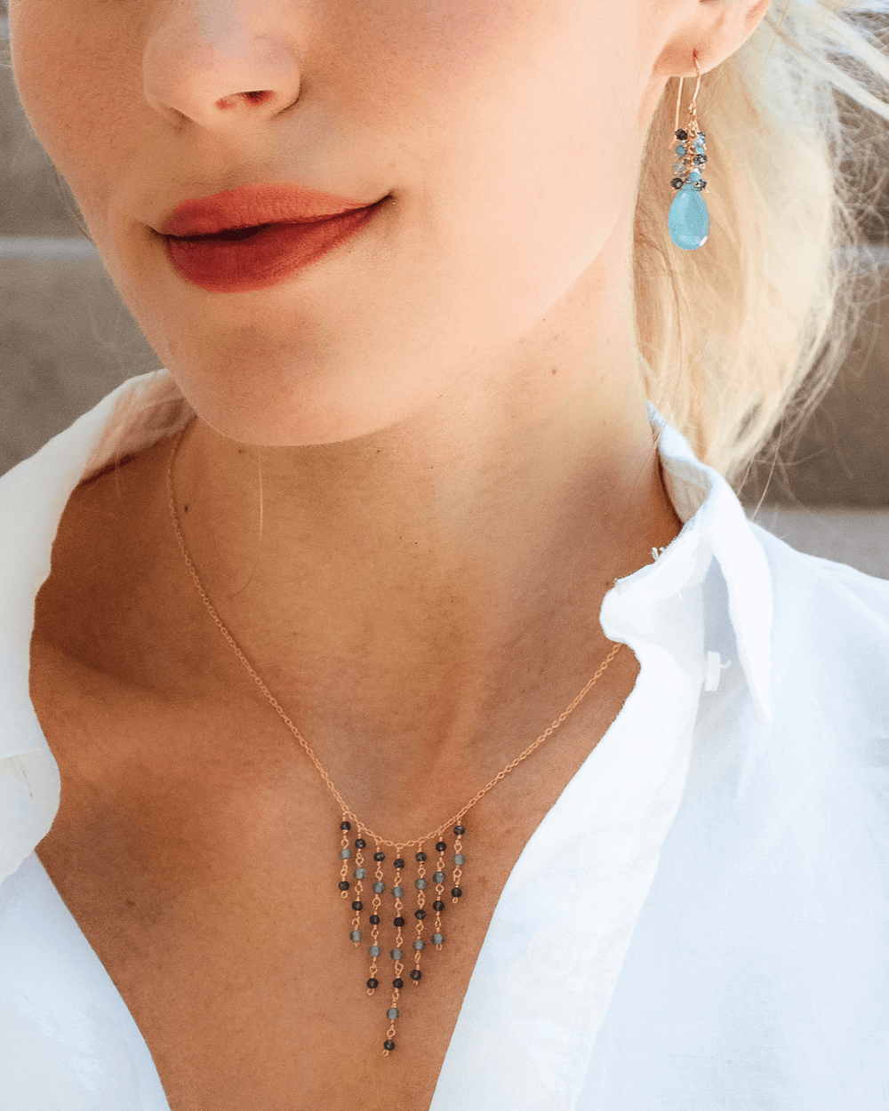 Blue Chalcedony Gold Fringe Necklace and Earrings