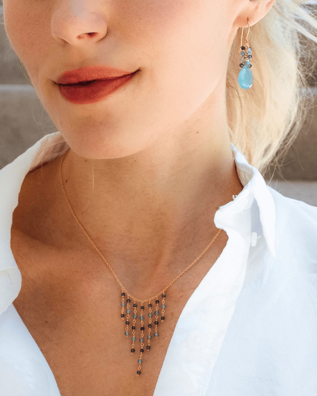 Blue Chalcedony Gold Fringe Necklace and Earrings