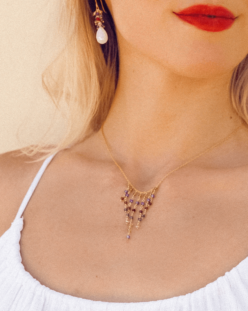 Unique Fringe Gold  Necklace with Peridot, Amethyst, Garnet & Iolite gemstones