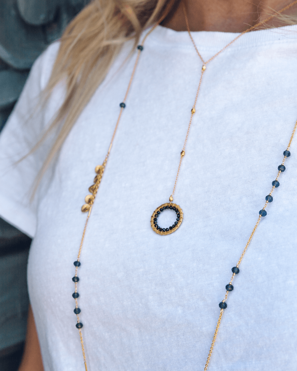 Long Gold Gemstone Layering Chain Necklace