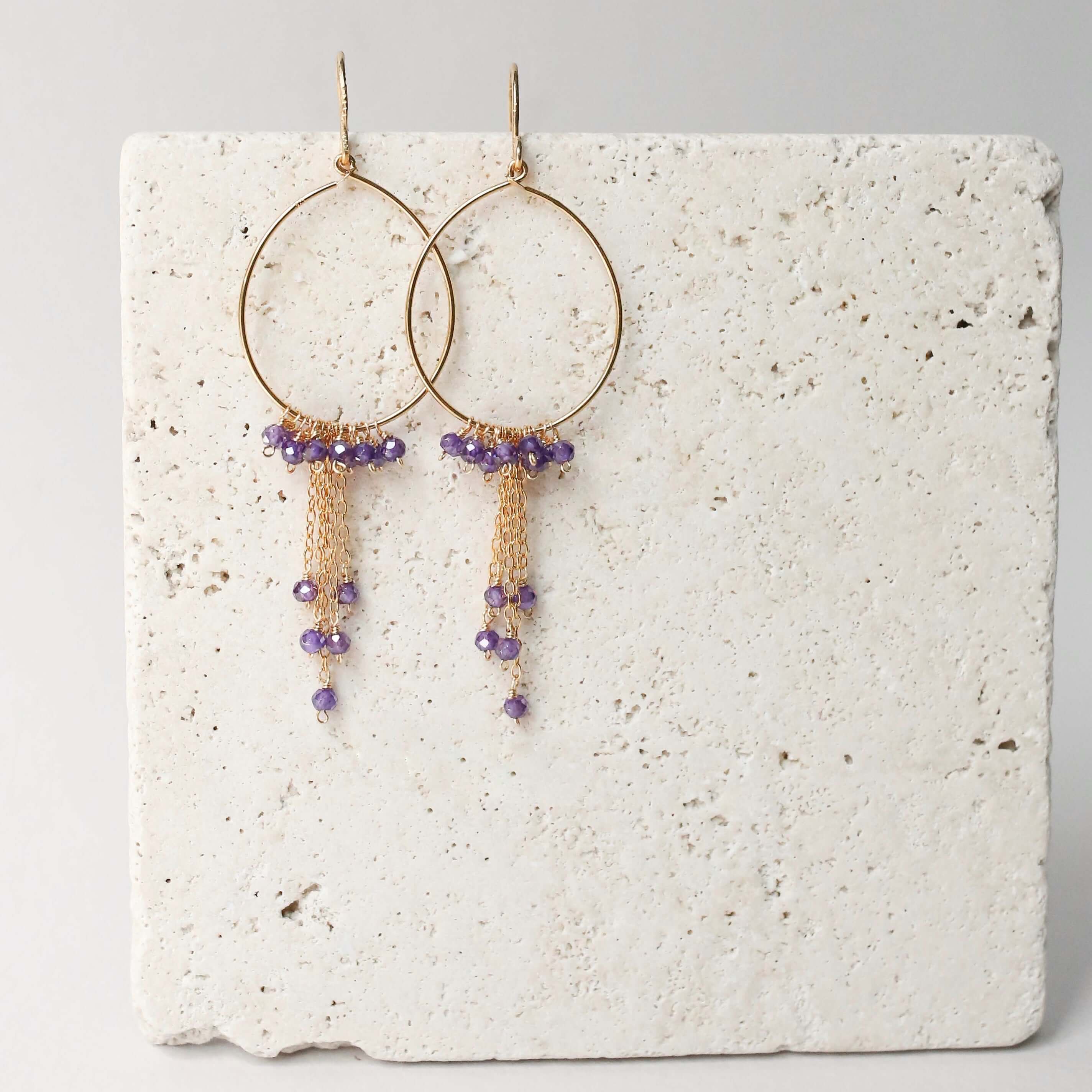 Handmade Amethyst Swing Hoop Earrings with 14k Gold Plating