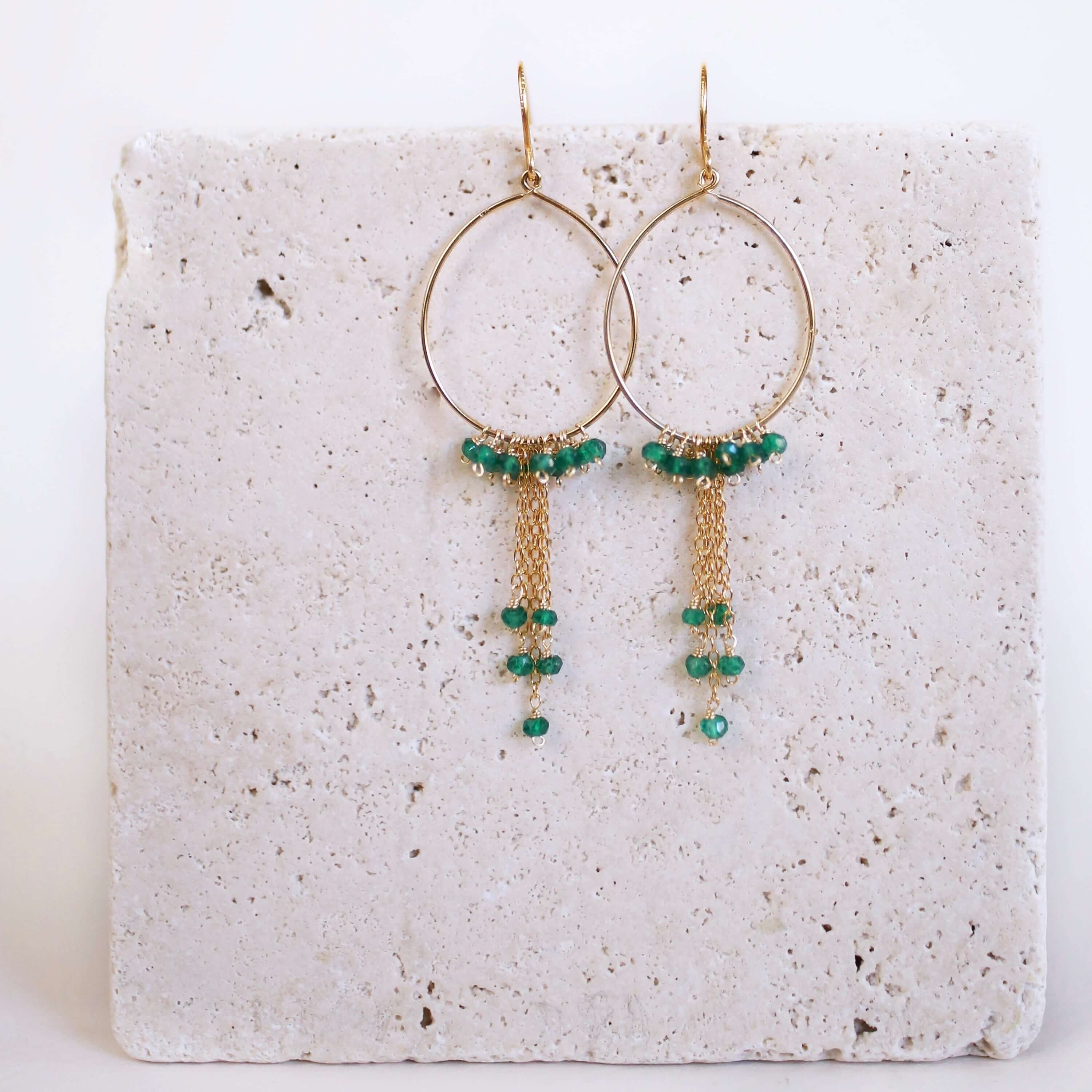 Handmade Green Apatite Swing Hoop Earrings with 14k Gold Plating