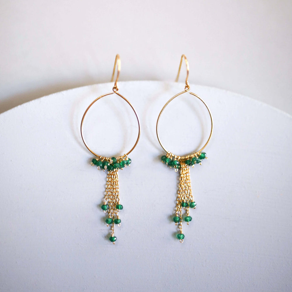 Handmade Green Apatite Swing Hoop Earrings with 14k Gold Plating