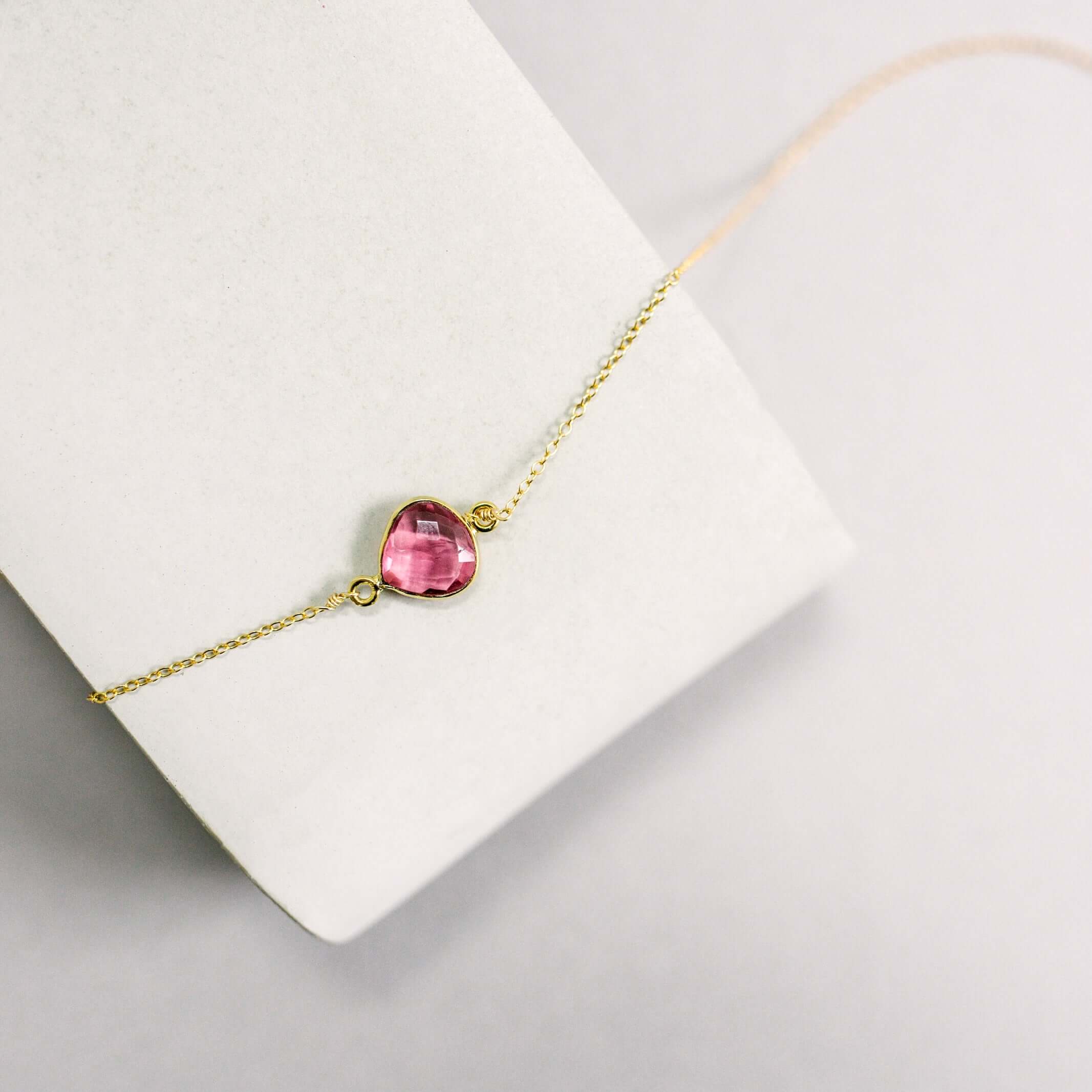  Handmade  Pink Tourmaline Quartz heart bezel stones Gold Necklace 