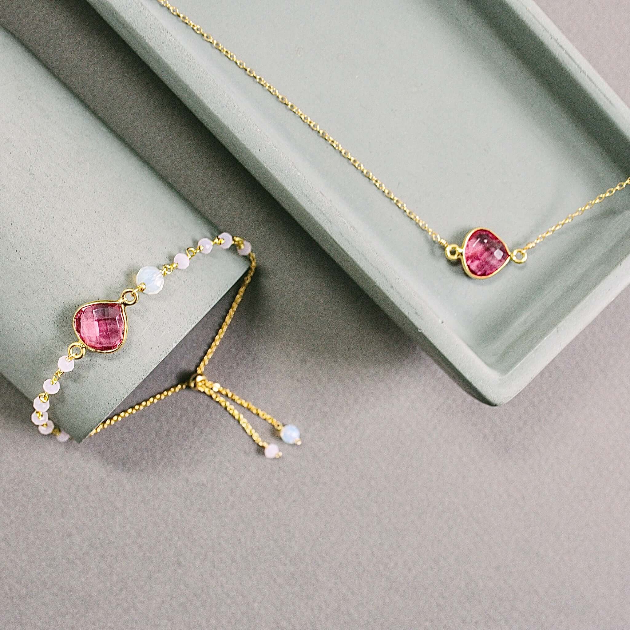 Handmade  Pink Tourmaline Quartz heart bezel stones Jewelry Set 