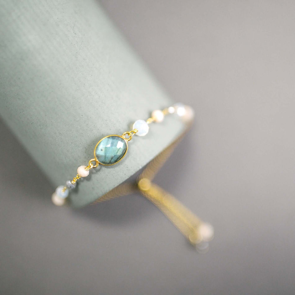 Adjustable Slider Clasp Bracelet with Labradorite, Peach Moonstone, and Opal Quartz Stack