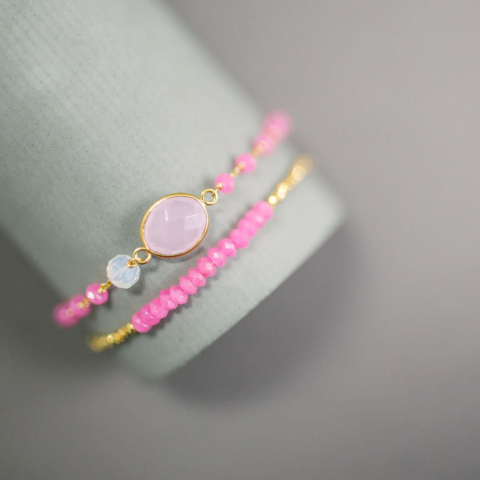 Adjustable Slider Bracelet Set with Rose quartz and  hot pink quartz Gems