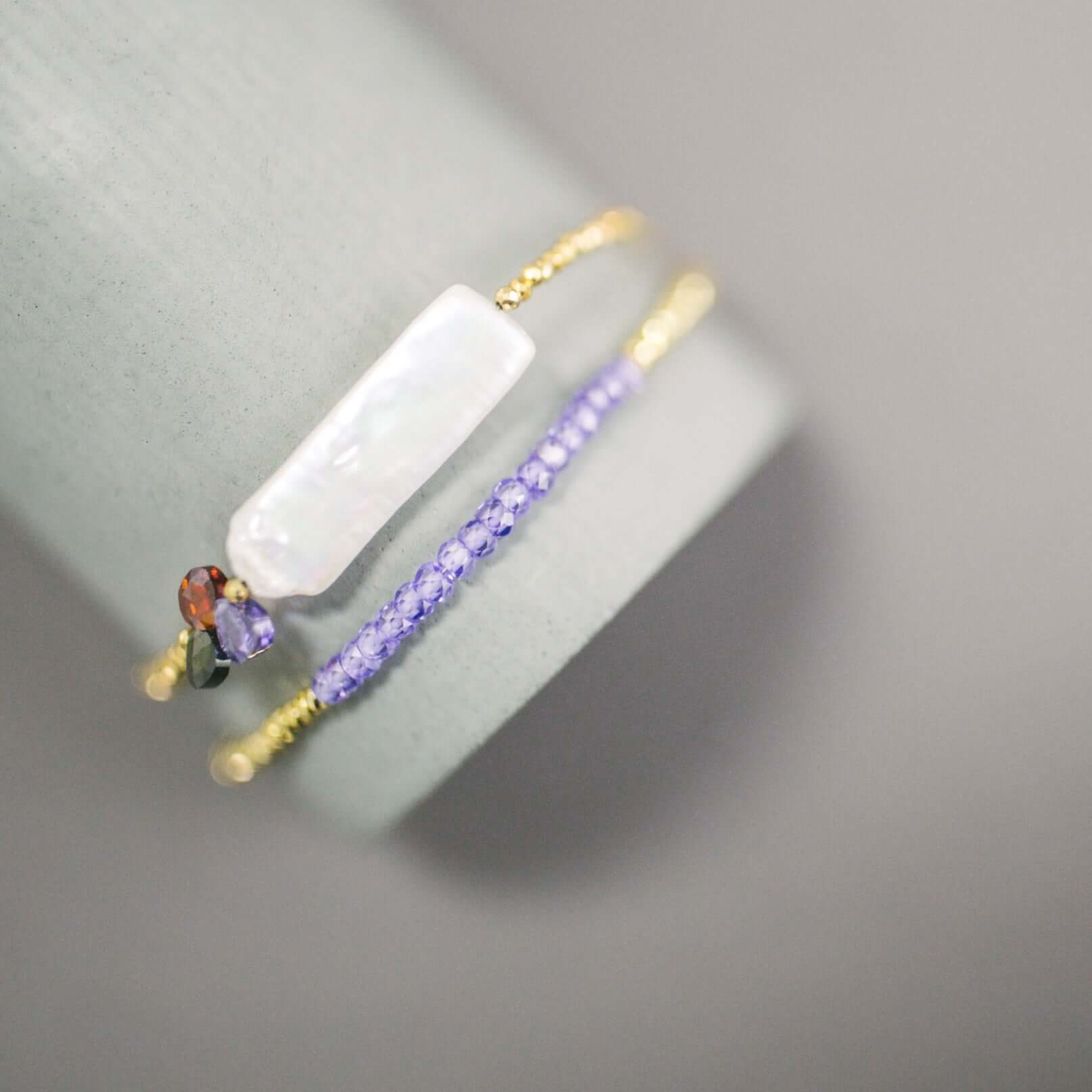 Unique freshwater stick pearl adjustable gold bracelet with  simple amethyst stacking bracelet