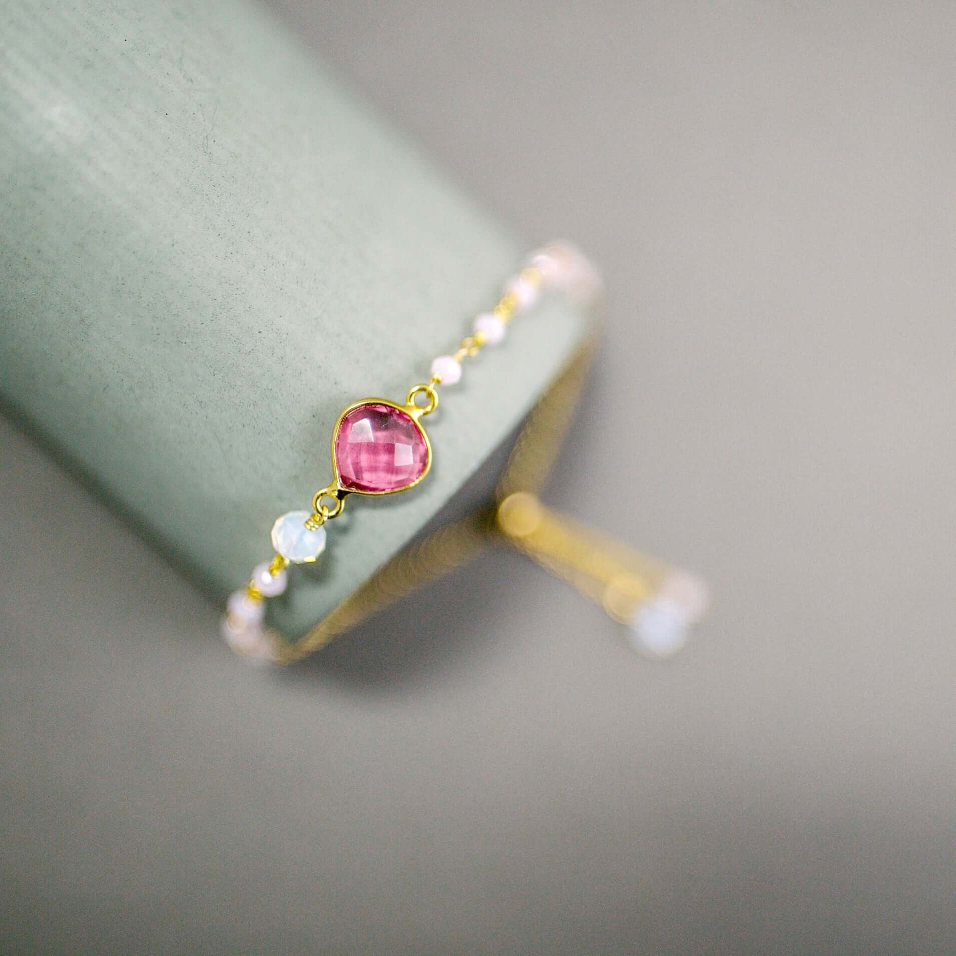 Adjustable Slider Bracelet  Authentic Pink tourmaline quartz bezel-set heart gemstone with rose quartz and opal quartz accent stones
