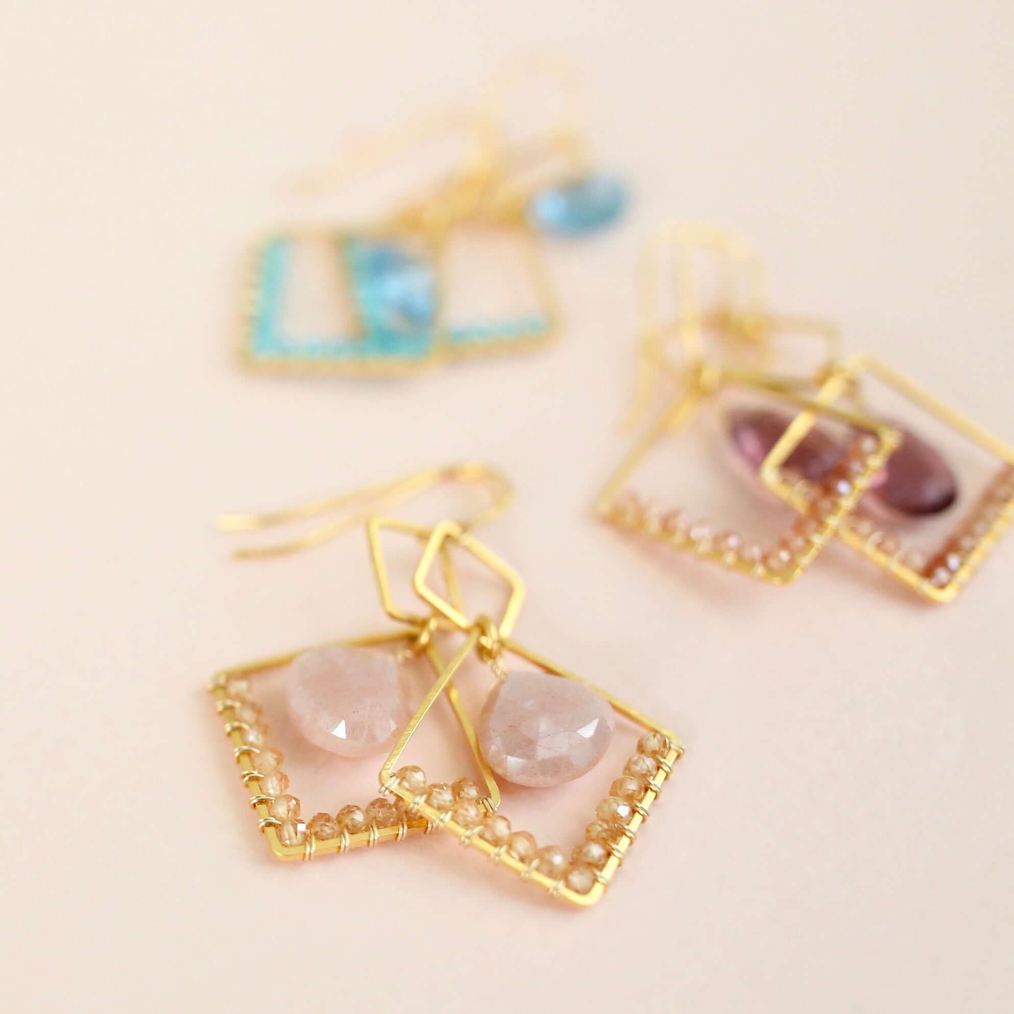  2" Gold Gemstone Triangle Earrings with French Hooks
